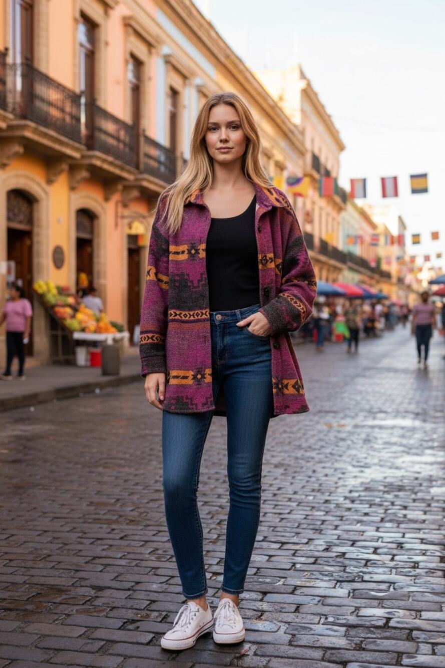 Zenana Oversized Aztec Western Flannel Shacket Pink Orange Plaid Jacket M